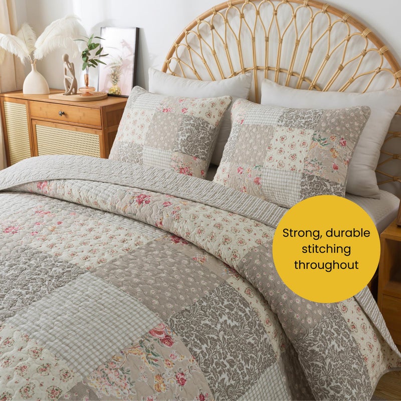 SLPR Walk in The Cotswolds Patchwork Cotton Pieced Quilt Set - Twin Size with 1 Sham, Neutral Floral & Cream Cottage Quilted Bedspread, French Country Farmhouse Bedding for All Seasons - Image 4